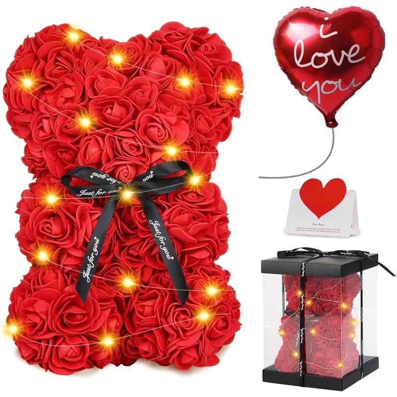 Rose Bear Christmas Flower Gifts, Rose Teddy Bear with Lights,Birthday Gifts for Girl, Cute Romantic Gifts for Wife Girlfriend with Love Card