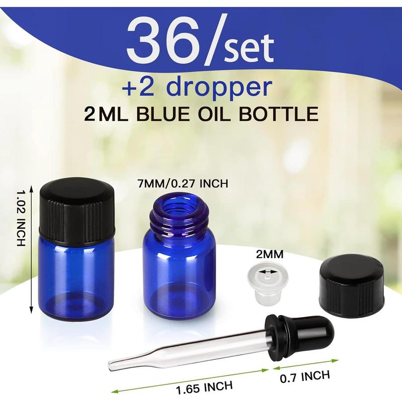 Essential Oils Sample Bottles, 36 Pcs 2 ml (5 8 Dram) Cobalt Blue Oil Bottles For Essential oils, Amber Glass Vials With 2 Free Glass Transfer Eye droppers