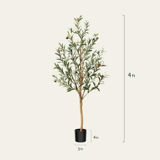 4 feet Artificial Olive Tree Indoor, Tall Faux Olive Tree in Black Plastic Pot, Artificial Plants with Natural Decorative Fruit Ornaments