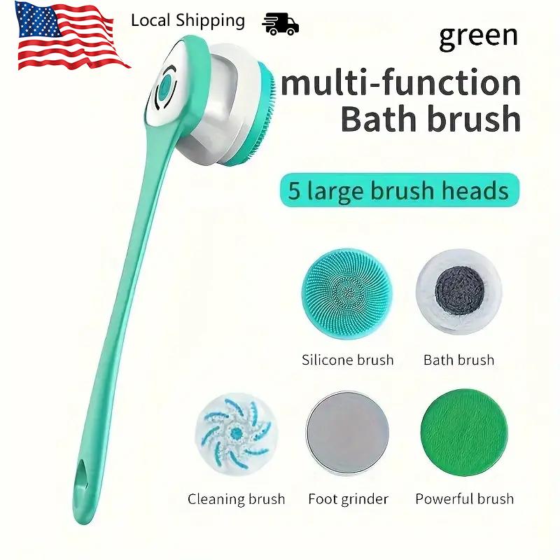 Rechargeable Electric Body Bath Brush with Long Handle and 5 Spin Shower Facial Brush Heads - Waterproof Silicone Body Scrubber for Deep Cleansing and Exfoliating - Ideal for Women and Men