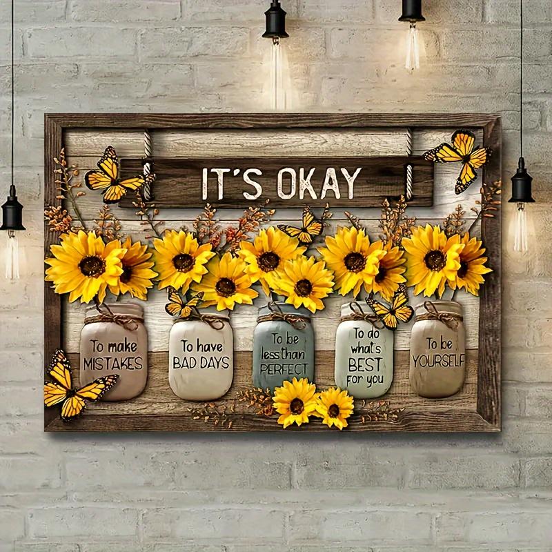 1pc Wooden Framed It's Okay To Be Yourself Sunflower Butterfly Canvas Decor Wall Art for Bedroom Living Room Home Walls Decoration With Framed Ready to Hang 11.8inx15.7inch rimless