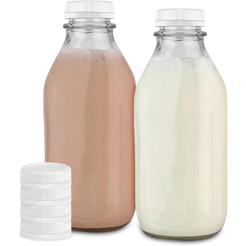 Stock Your Home Liter Glass Milk Bottles (2 Pack) - 32-Oz Milk Jars with Lids - Food Grade Glass Bottles - Dishwasher Safe - Bottles for Milk, Buttermilk, Honey, Maple Syrup, Jam, BBQ Sce