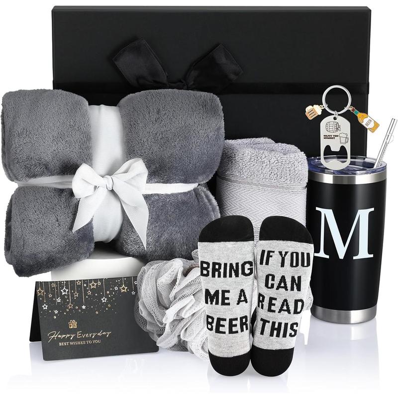 7 count Initial Thanksgiving Gifts for Men Get Well Soon Gift Basket Monogram Box Gift Set for Him Husband Boyfriend Dad Groomsman Coworker Retirement Birthday Christmas Tumbler Gift Set(M)