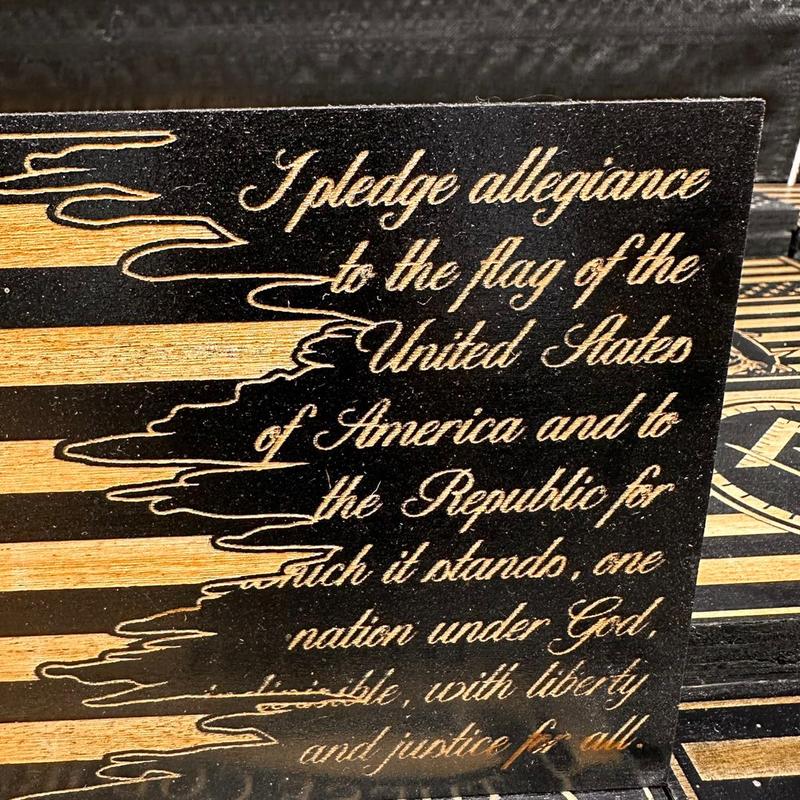 Wood engraved sign American flag with pledge Decor