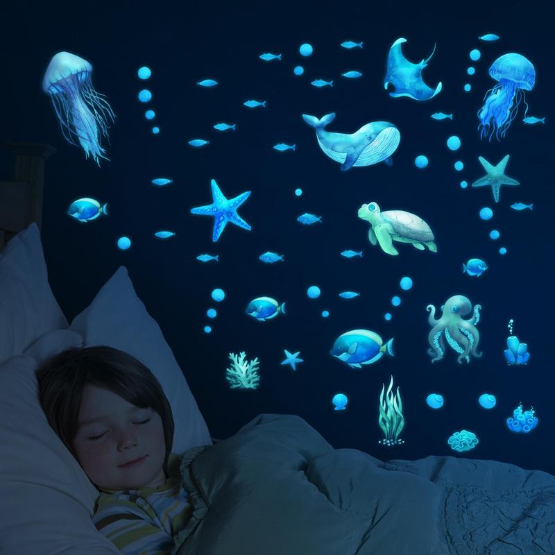 Underwater Animal Pattern Wall Sticker, 1 Set Removable Waterproof Glow-in-the-dark Wall Sticker, Decorative Sticker For Home Bedroom Living Room