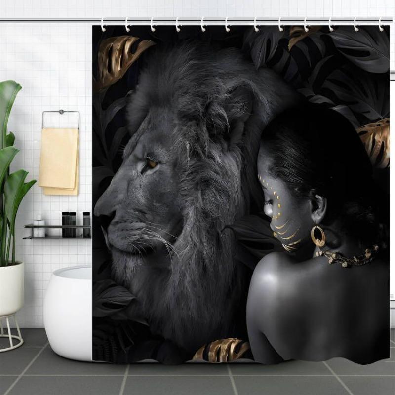 Lion & Girl Pattern Shower Curtain, Waterproof Bathroom Curtain with 12pcs Hooks, Bathroom Supplies for Home Decor