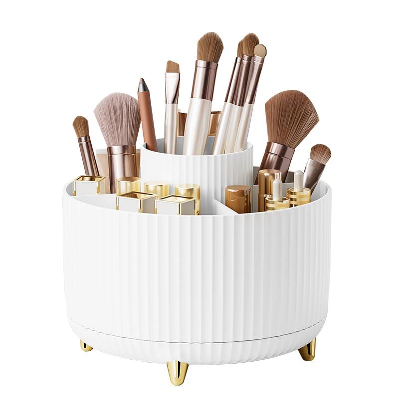 Makeup Brush Holder Organizer,360° Rotating Makeup Brush Organizer,5 Slot Make up Brushes Cup for Cosmetics, Nail Polish, Art Supply, Bathroom Vanity Desktop Organizer - White