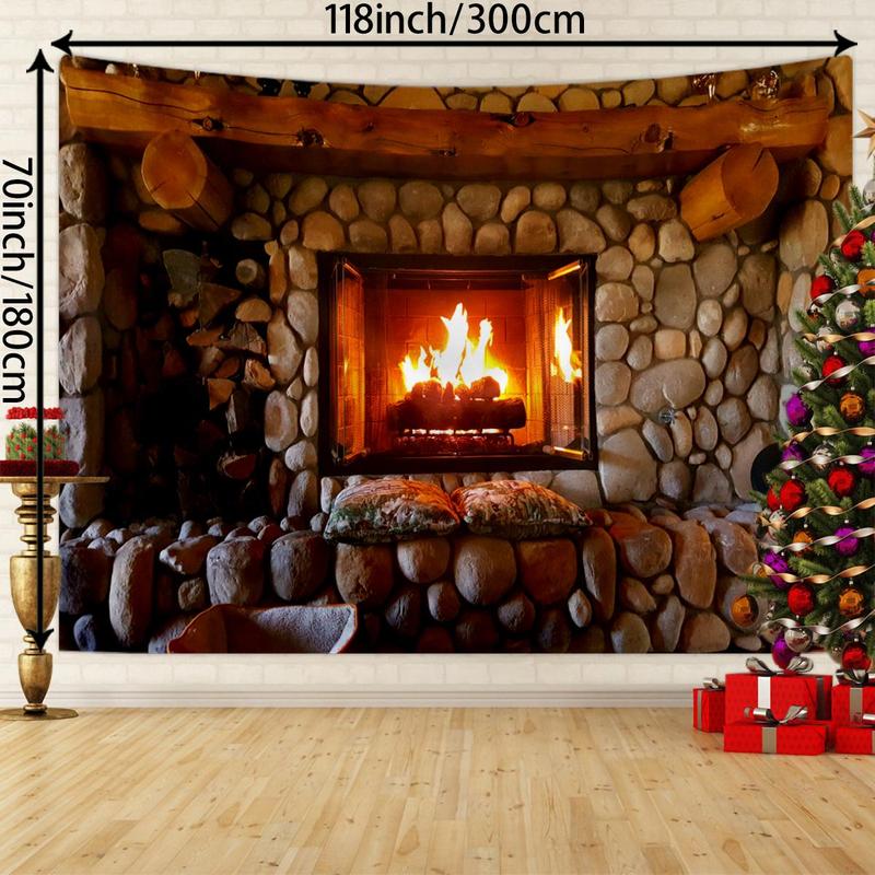 Christmas Themed Tapestry, 1 Count Warm Fireplace Pattern Wall Hanging Decor, Wall Art for Home Living Room Bedroom Study Room