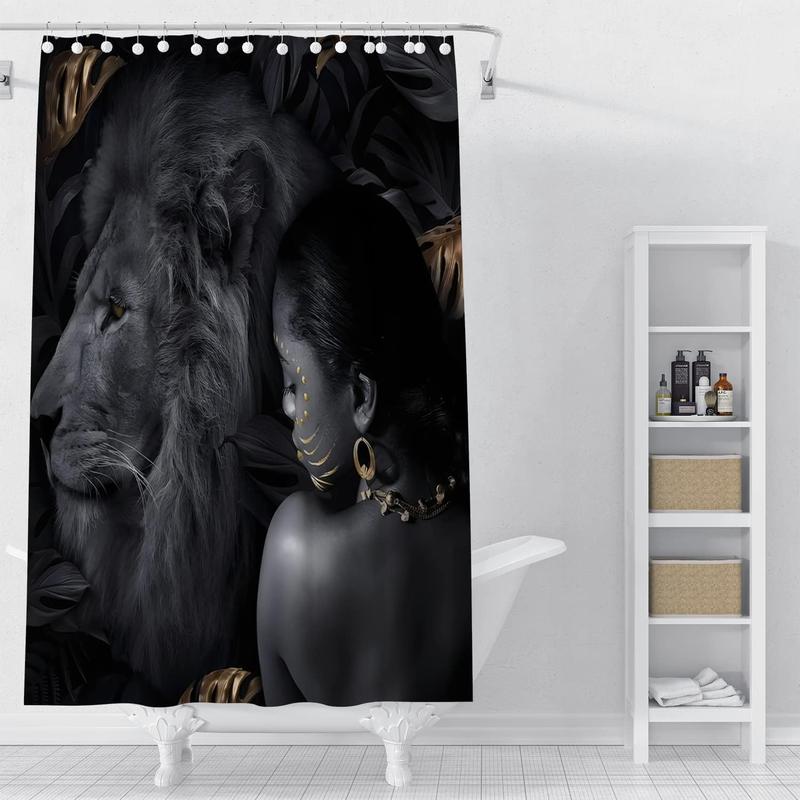 Lion & Girl Pattern Shower Curtain, Waterproof Bathroom Curtain with 12pcs Hooks, Bathroom Supplies for Home Decor