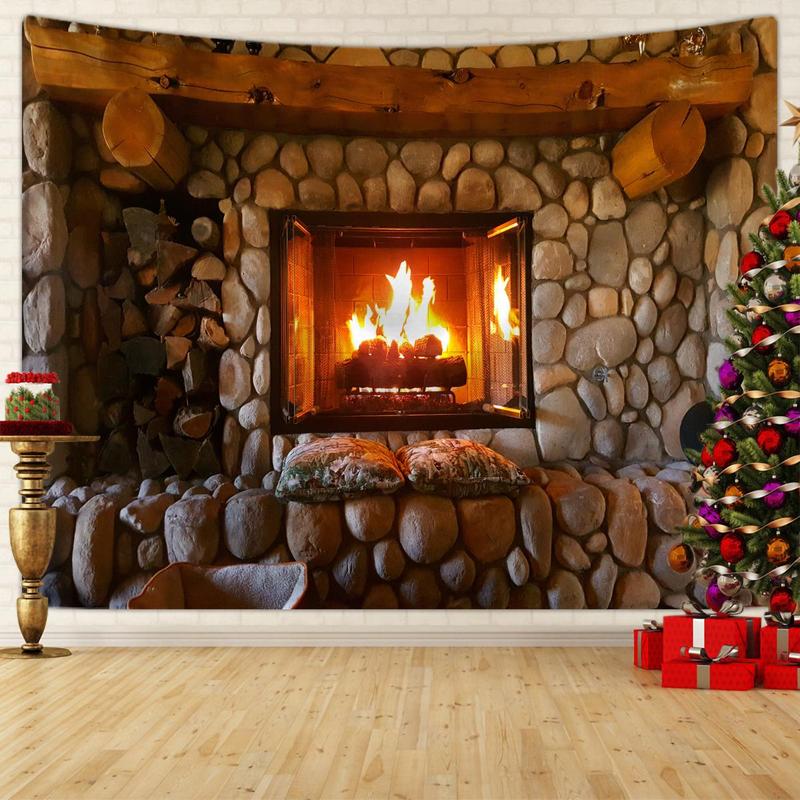 Christmas Themed Tapestry, 1 Count Warm Fireplace Pattern Wall Hanging Decor, Wall Art for Home Living Room Bedroom Study Room