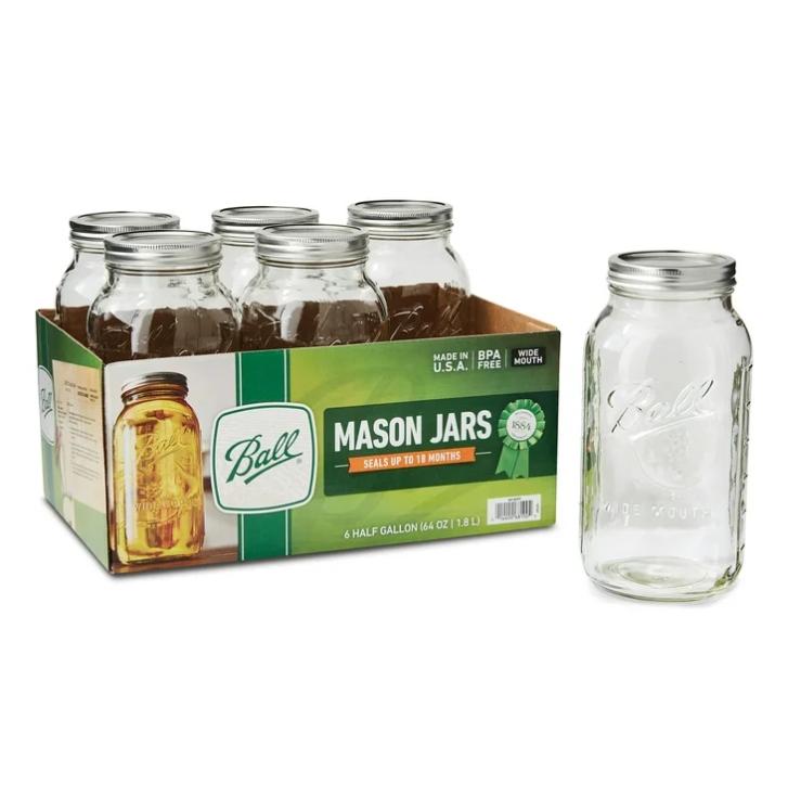 Ball Glass Mason Jar W Lid & Band, Wide Mouth, 64 Ounces, 6 Count