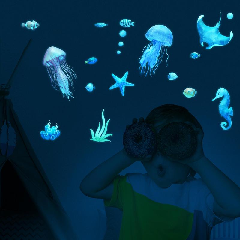 Underwater Animal Pattern Wall Sticker, 1 Set Removable Waterproof Glow-in-the-dark Wall Sticker, Decorative Sticker For Home Bedroom Living Room