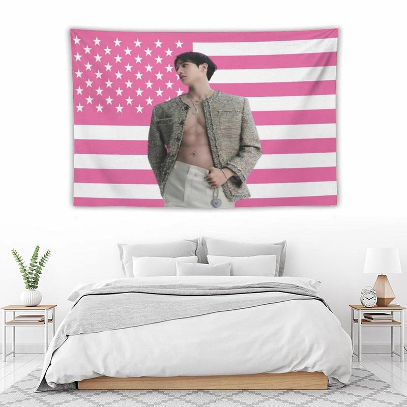 Art Tapestry Actor Star Wall Tapestry Bangchan Pink American Flag Poster Suitable for College Dormitory Bedroom Living Room Office Party Decoration Goods Gift