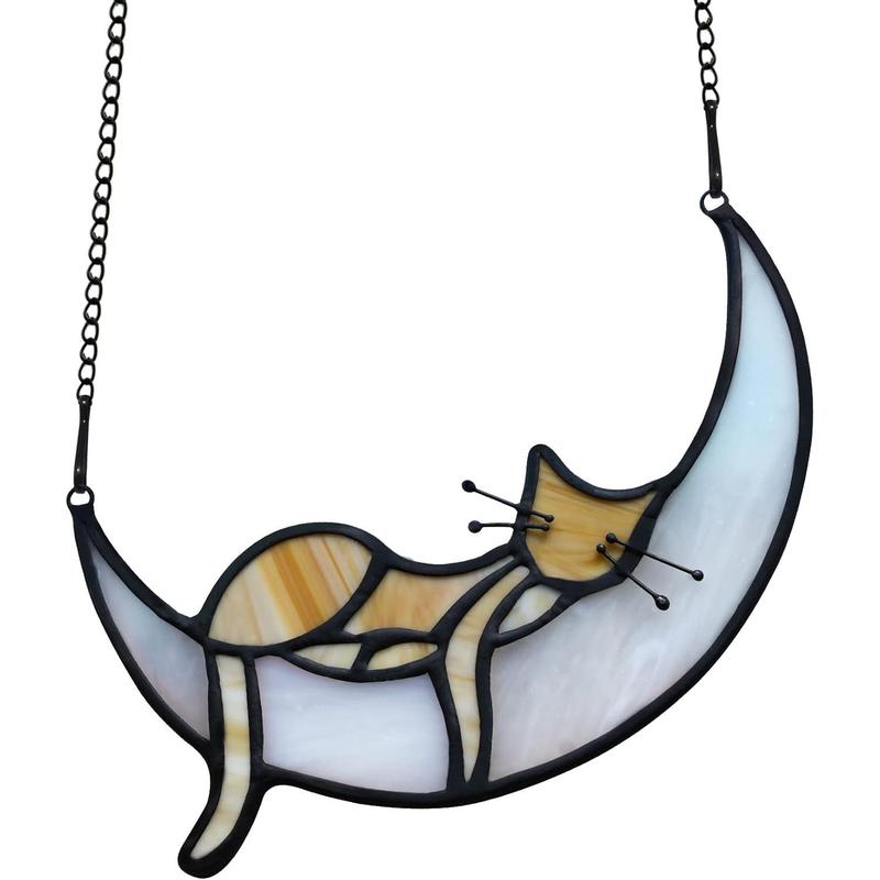 Sleeping Cat Stained Glass Windown Hanging,Yellow Cat on Moon Beautiful Handcrafted Sun Catcher Gifts for Daughter,Mothers Day,Christmas and Cat Lover