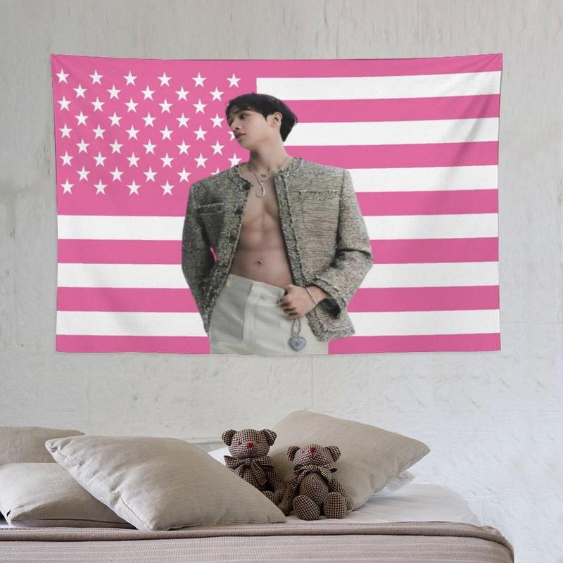 Art Tapestry Actor Star Wall Tapestry Bangchan Pink American Flag Poster Suitable for College Dormitory Bedroom Living Room Office Party Decoration Goods Gift