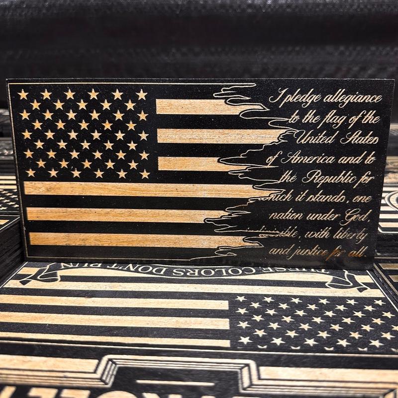 Wood engraved sign American flag with pledge Decor