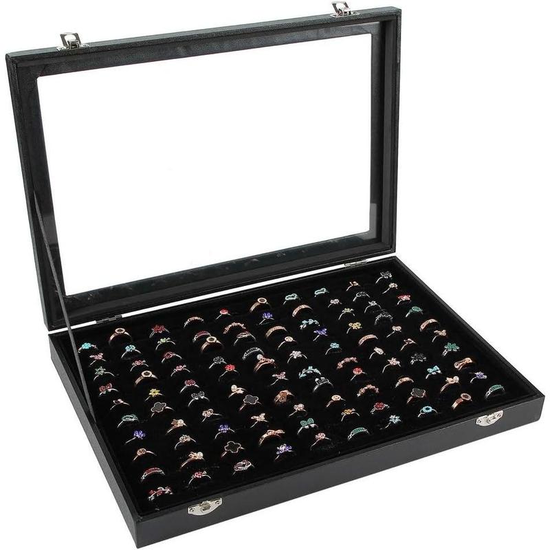 Ring Display Case Organizer Box with Transparent Lid, Ring Holder Showcase For Store Display Show Home, Ring Organizer For Rings, Studs Earrings (100 Slot, Black)