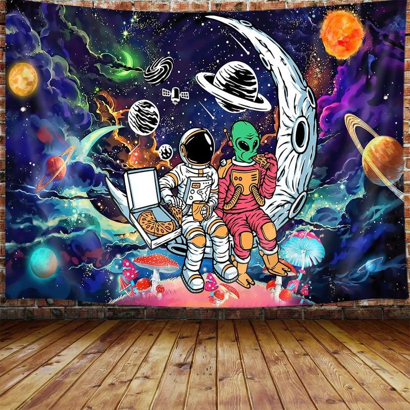 Blacklight Trippy Space Mushroom Tapestry, UV Reactive Astronaut Alien Planet Tapestry Wall Hanging for Bedroom Poster College Dorm Home Decor,60X40IN Galaxy Universe