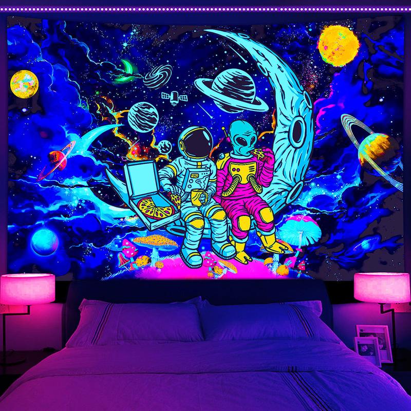 Blacklight Trippy Space Mushroom Tapestry, UV Reactive Astronaut Alien Planet Tapestry Wall Hanging for Bedroom Poster College Dorm Home Decor,60X40IN Galaxy Universe