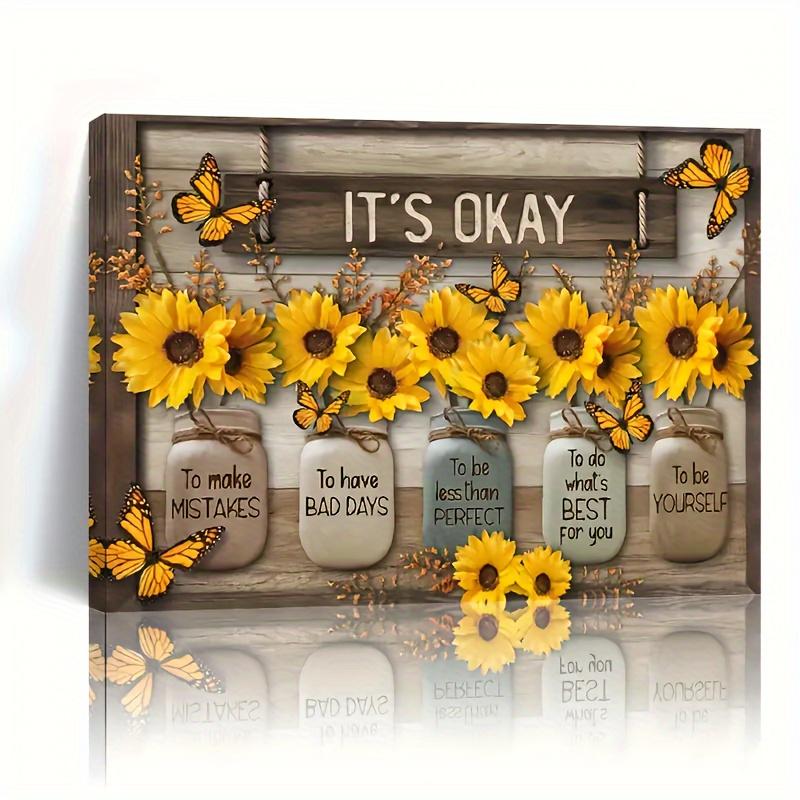 1pc Wooden Framed It's Okay To Be Yourself Sunflower Butterfly Canvas Decor Wall Art for Bedroom Living Room Home Walls Decoration With Framed Ready to Hang 11.8inx15.7inch rimless