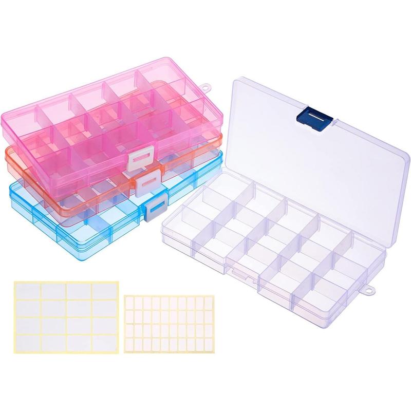 4 Pack 15 Grids Bead Organizers and Storage, Small Plastic Jewelry Organizer Box with Removable Dividers for Beads Earring Storage Containers(6.9 x 3.9 x 0.9 Inches)