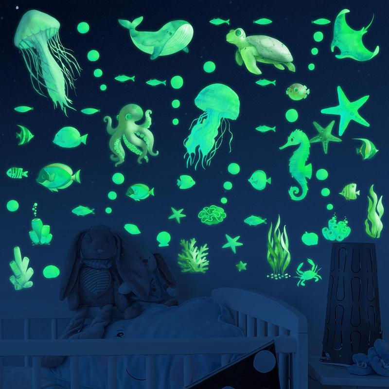 Underwater Animal Pattern Wall Sticker, 1 Set Removable Waterproof Glow-in-the-dark Wall Sticker, Decorative Sticker For Home Bedroom Living Room