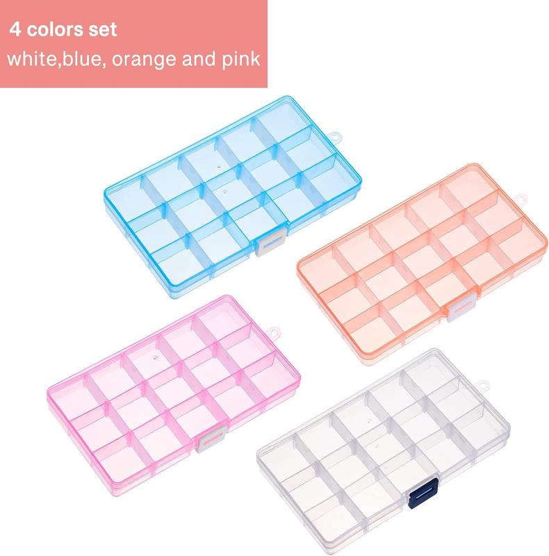 4 Pack 15 Grids Bead Organizers and Storage, Small Plastic Jewelry Organizer Box with Removable Dividers for Beads Earring Storage Containers(6.9 x 3.9 x 0.9 Inches)