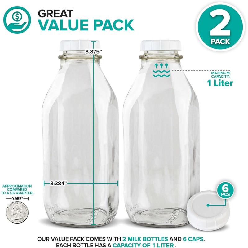 Stock Your Home Liter Glass Milk Bottles (2 Pack) - 32-Oz Milk Jars with Lids - Food Grade Glass Bottles - Dishwasher Safe - Bottles for Milk, Buttermilk, Honey, Maple Syrup, Jam, BBQ Sce