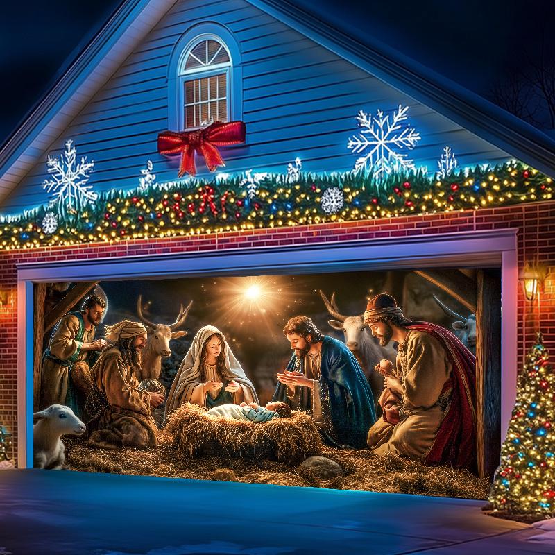 Religious figure' Birth Nativity Scene Garage Door Banner - 6x13ft Large Polyester Tapestry, Outdoor Holiday season Decor with Mary & Joseph, Perfect for Holiday & Party Atmosphere