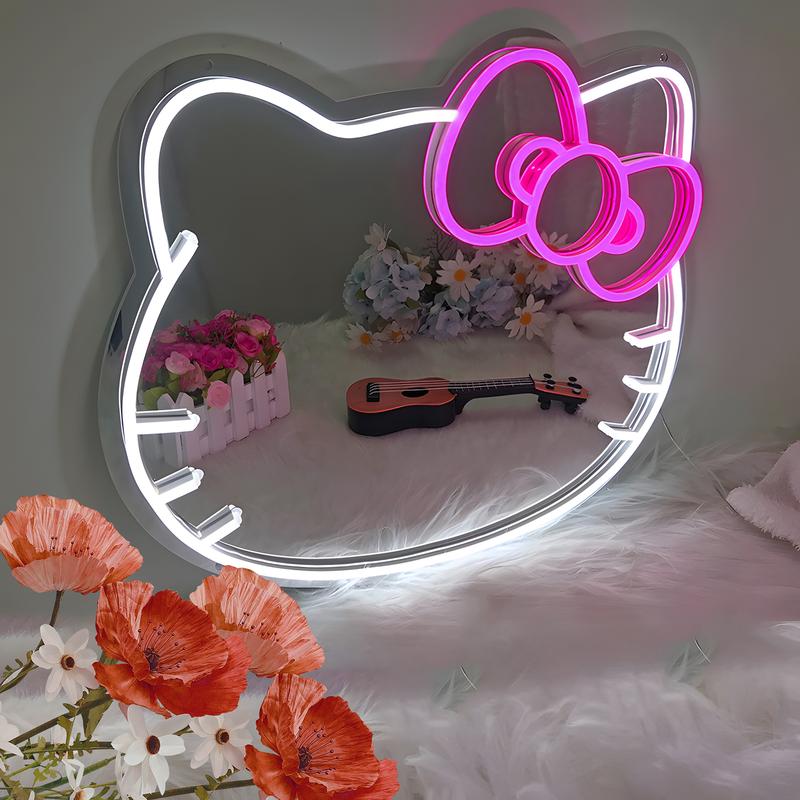 Hello Kit Mirror Vanity, Hello Kit Stuff Room Decor, Neon LED Wall Mirror, Vanity Mirror with Remote for Makeup Mirrors, Bedroom, Teen Girl Children Gift for Birthday Christmas Halloween Thanksgiving