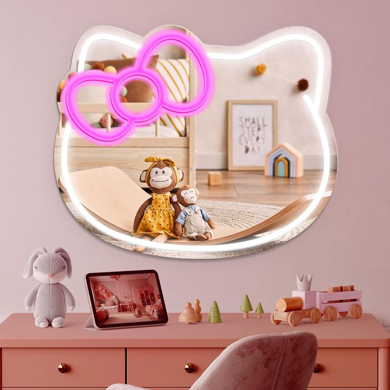 Hello Kit Mirror Vanity, Hello Kit Stuff Room Decor, Neon LED Wall Mirror, Vanity Mirror with Remote for Makeup Mirrors, Bedroom, Teen Girl Children Gift for Birthday Christmas Halloween Thanksgiving