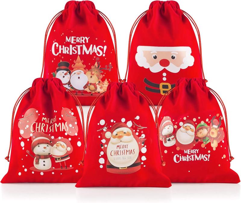 Christmas Gift Bags 5 count of Flannel Small Bag with Drawstring Medium Size Good for Xmas Party Favors