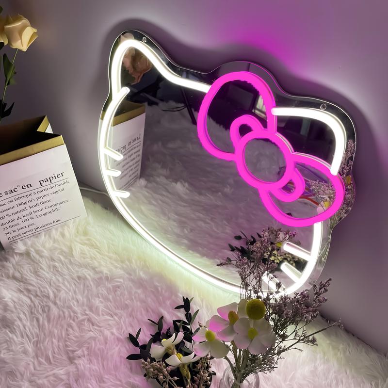 Hello Kit Mirror Vanity, Hello Kit Stuff Room Decor, Neon LED Wall Mirror, Vanity Mirror with Remote for Makeup Mirrors, Bedroom, Teen Girl Children Gift for Birthday Christmas Halloween Thanksgiving