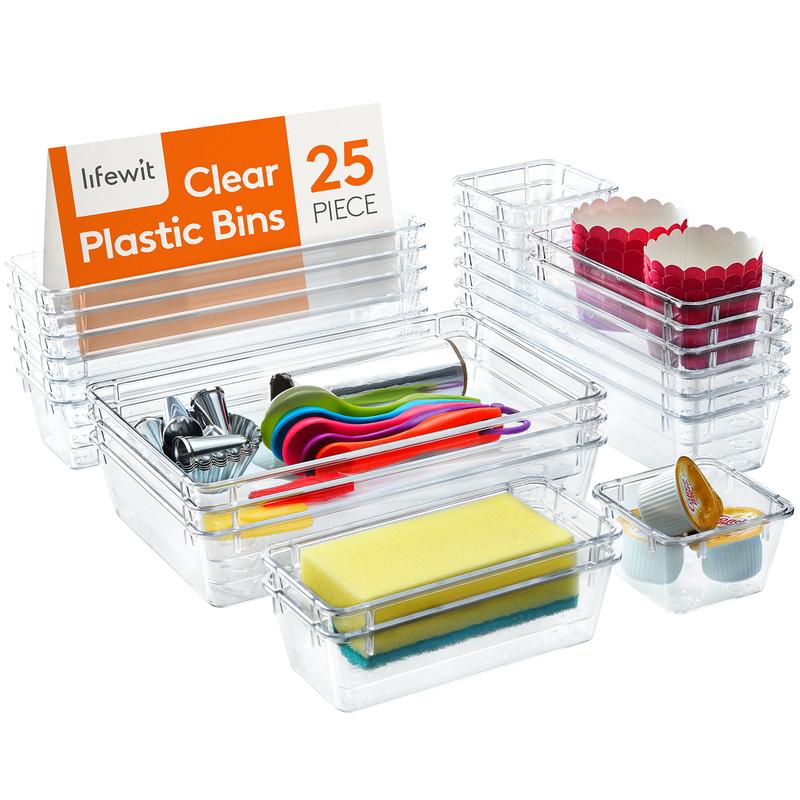 Lifewit Drawer Organizer Set Clear Plastic Desk Drawer Dividers Trays Dresser Storage Bins for Kitchen Organization and Separation, Box for Utensils, Gadgets, Pantry Items, Makeup and Jewelries, Bedroom, Bathroom, Office