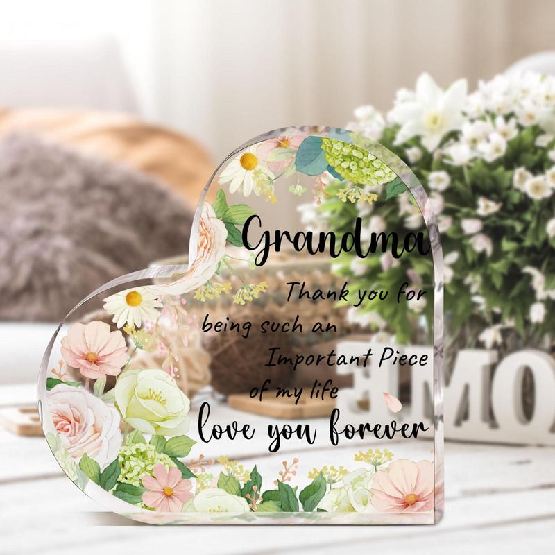 Flower Pattern Acrylic Heart Shaped Ornament, Grandma Gift, Thank You Gift for Grandma, Desk Signs Ornaments for Table Tops