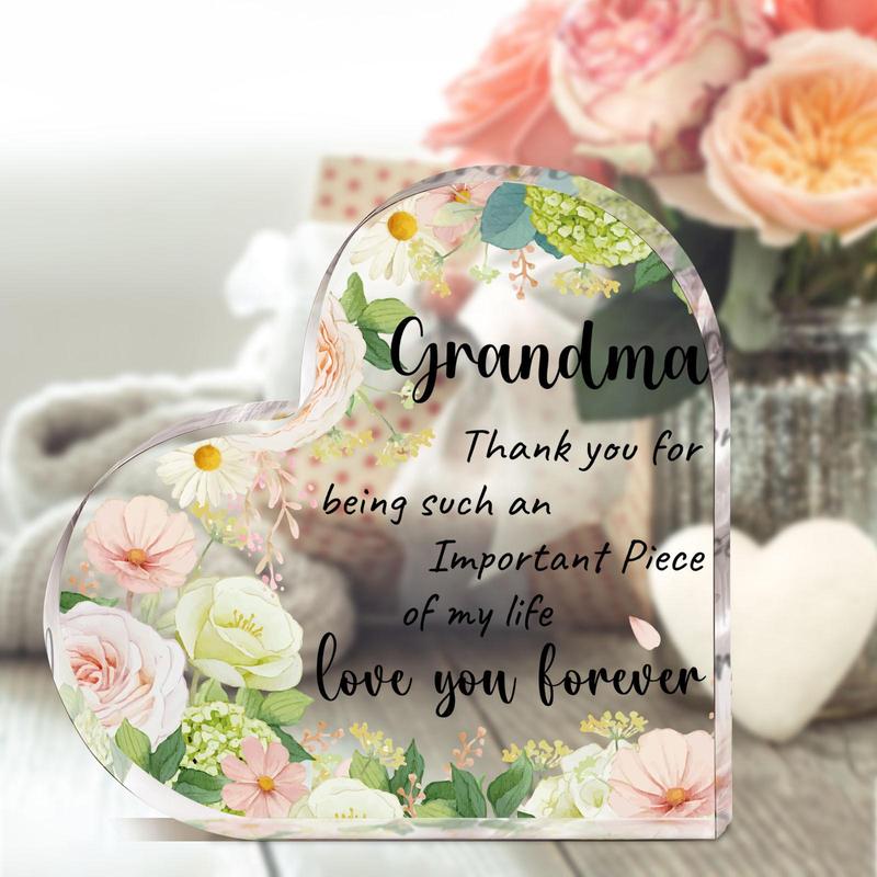 Flower Pattern Acrylic Heart Shaped Ornament, Grandma Gift, Thank You Gift for Grandma, Desk Signs Ornaments for Table Tops