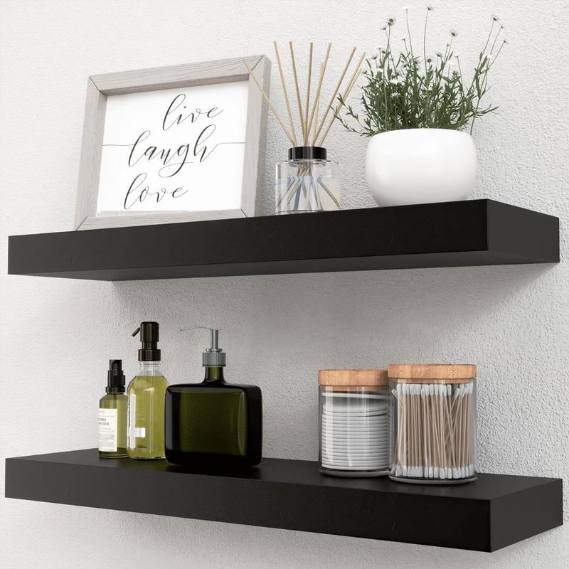 Black Floating Shelves Set of 2, Wall Mounted Small Shelves for Room, Modern Hanging Shelves for Wall Decor, Display Wall Storage Shelves for Living Room, Bedroom, Bathroom, Kitchen - Black