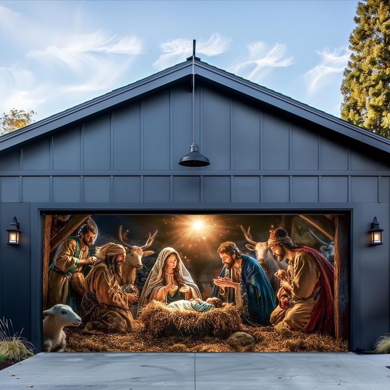 Religious figure' Birth Nativity Scene Garage Door Banner - 6x13ft Large Polyester Tapestry, Outdoor Holiday season Decor with Mary & Joseph, Perfect for Holiday & Party Atmosphere