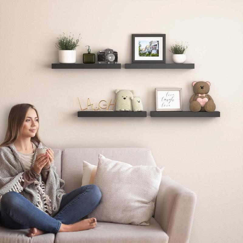 Black Floating Shelves Set of 2, Wall Mounted Small Shelves for Room, Modern Hanging Shelves for Wall Decor, Display Wall Storage Shelves for Living Room, Bedroom, Bathroom, Kitchen - Black