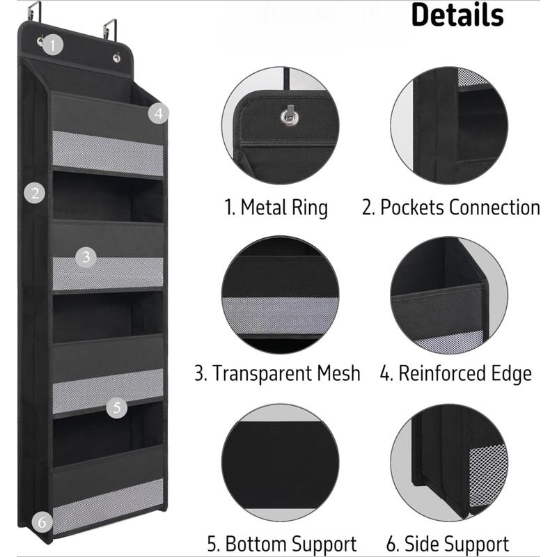 Over Door Organizer with 4 Large Capacity Pockets, Heavy Duty Hanging Organizer Storage, Black Hangable