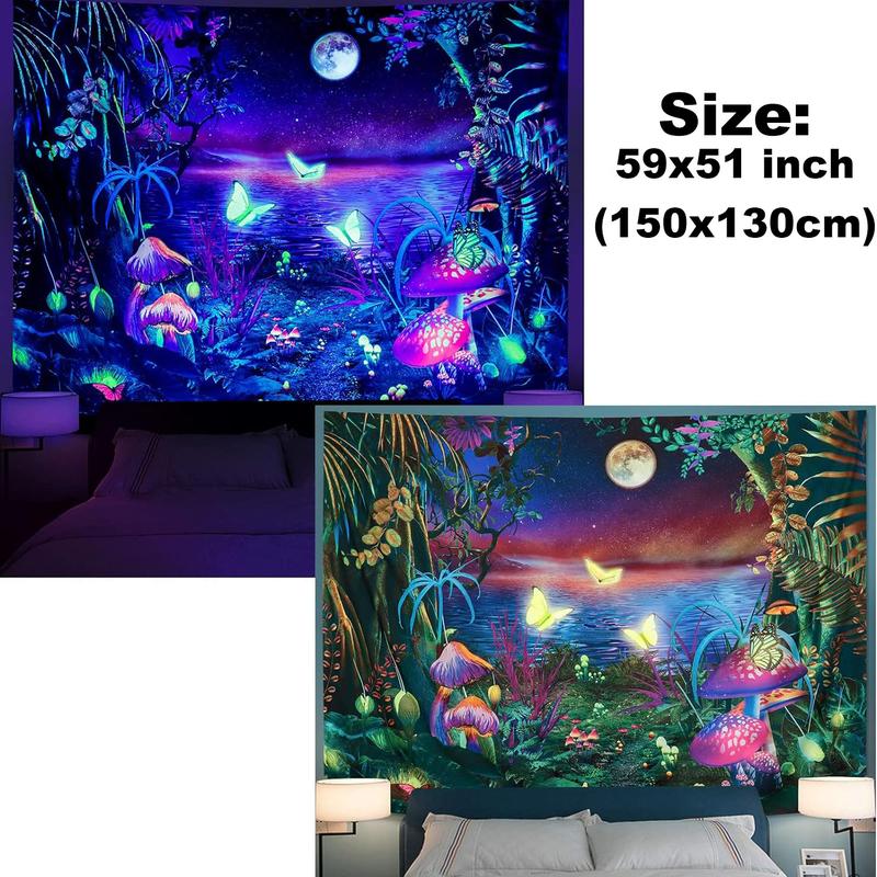 Sinsoledad Fantasy Blacklight Forest Starry Night Tapestry Aesthetic Butterfly Moon Tapestry UV Reactive Mushroom Tapestries Galaxy Space Tapestry Wall Hanging For Bedroom Living Room 59x51 Inches