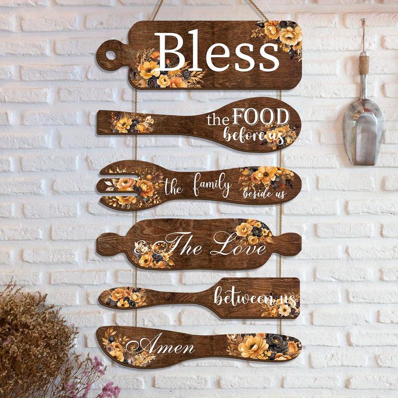 Wooden Bless The Food Before Us Sign, 1 Set Farmhouse Kitchen Wall Decor, Vintage Art Wooden Rustic Retro Kitchen Hanging Wood Sign