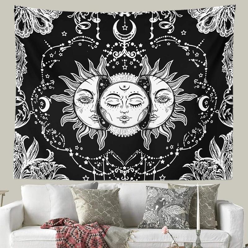 Sun and Moon Tapestry, Black and White Tapestries Mystic  Sun with Star Wall Hanging decor for Bedroom (59