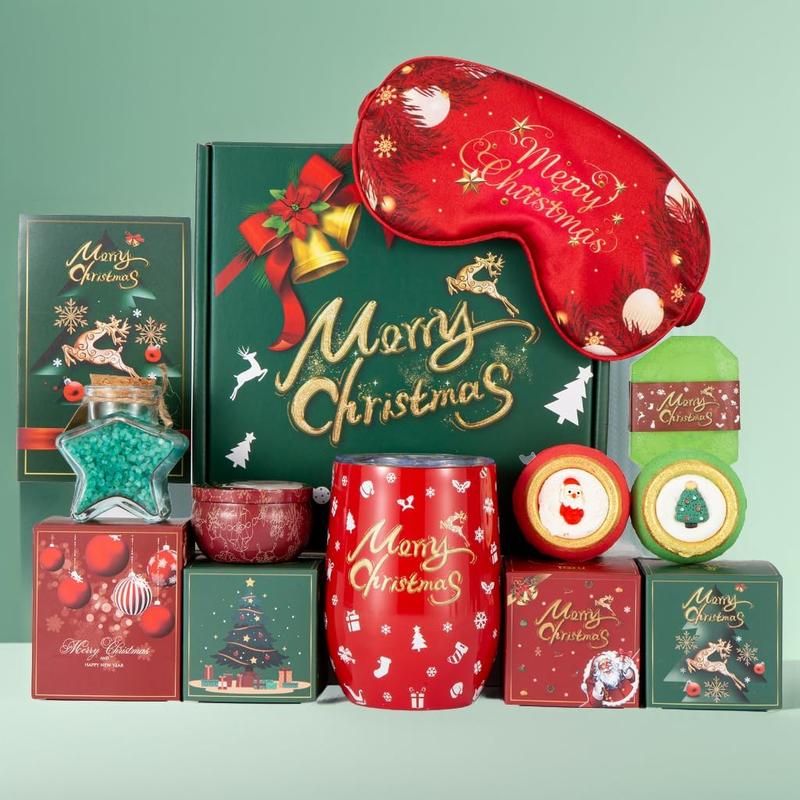 Christmas Gifts Box Christmas Gifts Basket for Women Men Merry Christmas Gifts Xmas Gift Ideas Relaxing Bath Gifts Scented Candles Insulated Tumbler Gifts Set for Wife  Friends Sister