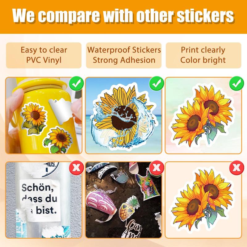 50pcs Sunflower Pattern Sticker, Self-adhesive Decorative Stickers, Diy Decals for Water Bottle, Laptop, Phone Case, Scrapbooking, Journal Making