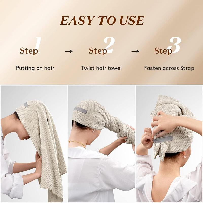 Solid Color Microfiber Hair Towel, Super Soft Hair Drying Towel Wrap, Anti Frizz Wrap with Elastic Strap for Long, Thick, Curly Hair