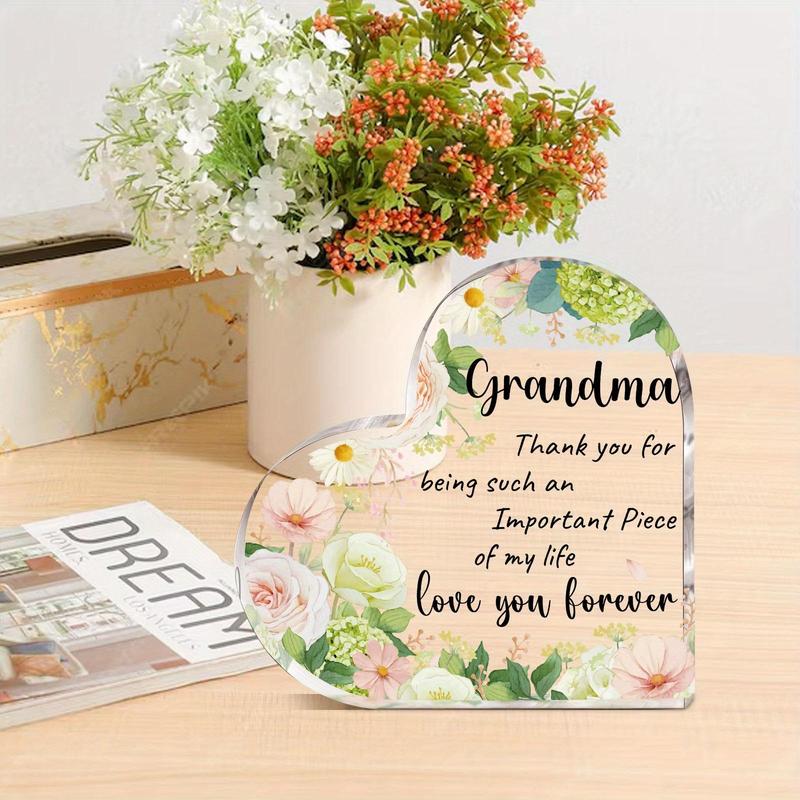 Flower Pattern Acrylic Heart Shaped Ornament, Grandma Gift, Thank You Gift for Grandma, Desk Signs Ornaments for Table Tops