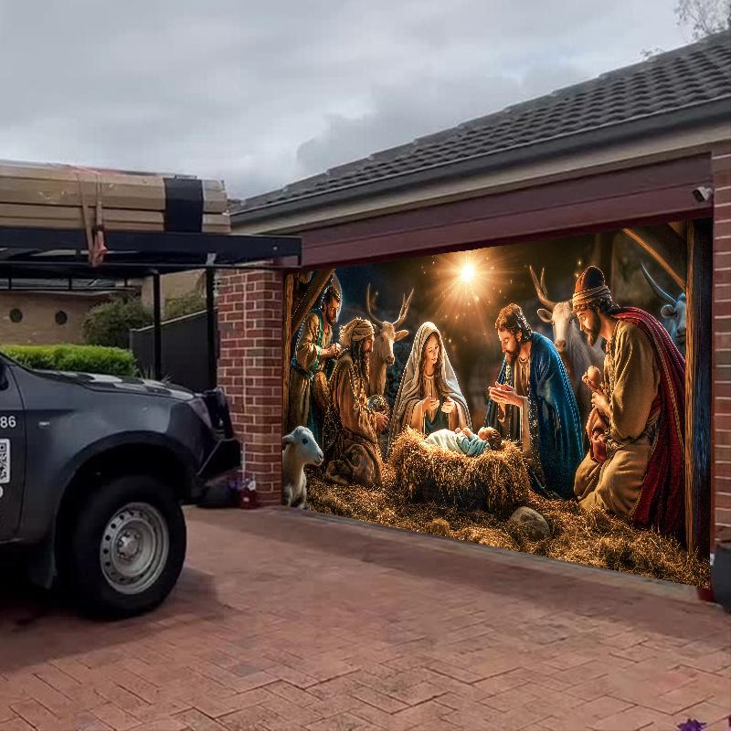 Religious figure' Birth Nativity Scene Garage Door Banner - 6x13ft Large Polyester Tapestry, Outdoor Holiday season Decor with Mary & Joseph, Perfect for Holiday & Party Atmosphere