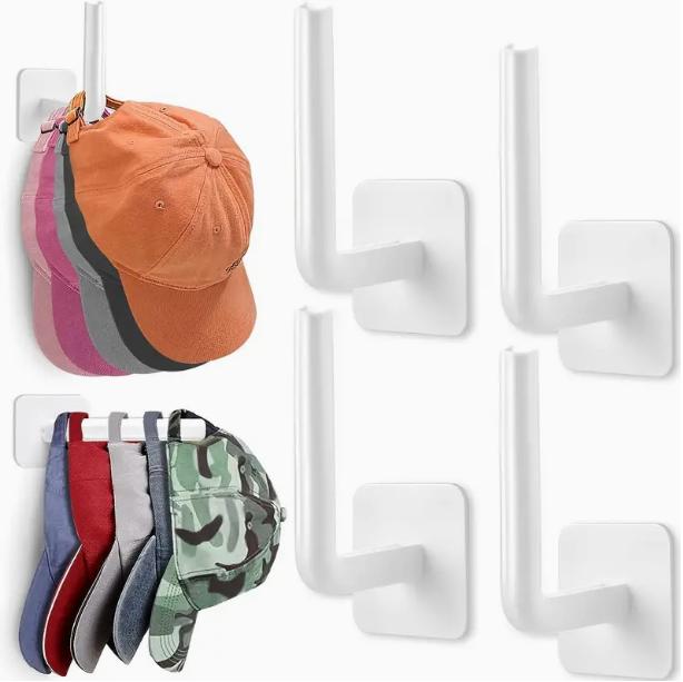 Wall Mounted Hat Storage Hook, 4 Counts Self Adhesive Hat Holder, Multifunctional Home Organizer for Entryway, Bathroom, Bedroom