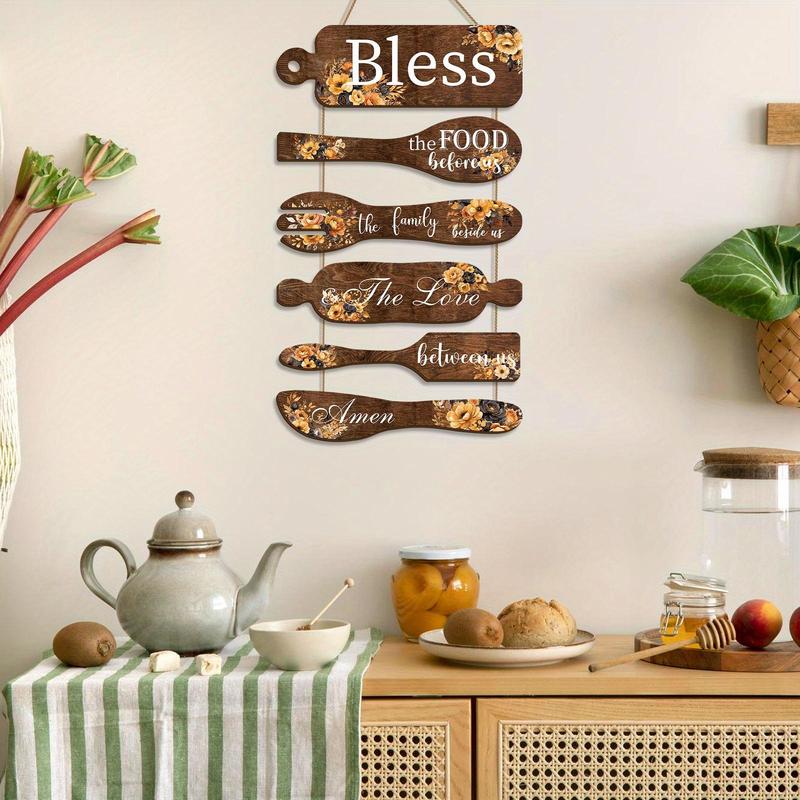 Wooden Bless The Food Before Us Sign, 1 Set Farmhouse Kitchen Wall Decor, Vintage Art Wooden Rustic Retro Kitchen Hanging Wood Sign